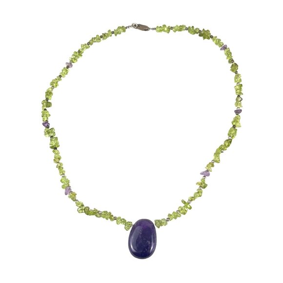 Peridot & Amethyst Necklace With Gemstone Pendant - Picture 2 of 10